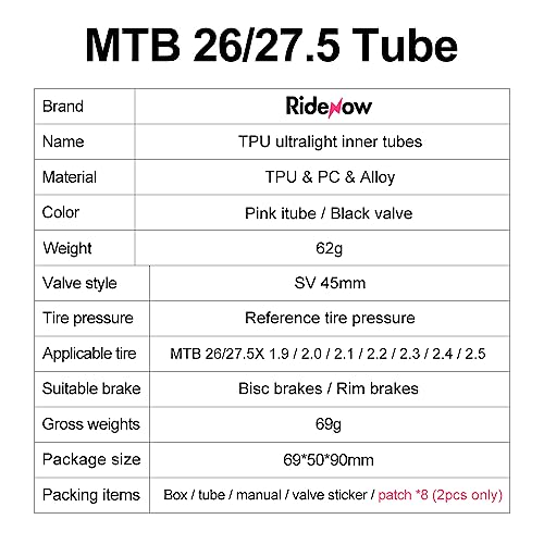 2 Pack Ultralight TPU Bike Inner Tube Mountain Bicycle Tire 26/27.5'' Compatible with 26/27.5 x 1.9/2.0/2.1/2.2/2.3/2.4/2.5 Valve Length French 45mm for MTB (Include 8 PCS Bike Inner Tire Patch)