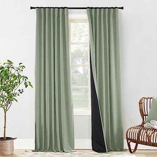 Sage Green Blackout Curtains 84 Inch Length 2 Panels Set for Bedroom Linen Aesthetic Boho Greyish Light Green Window Room Darkening Curtains for Living Room Kids Boys Room,Back Tab Pleated,84 In Long