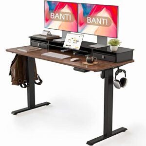 banti 55"x 26" electric standing desk with glass top monitor stand, adjustable sit stand up table with double drawer, sit stand desk with storage shelf, black walnut top