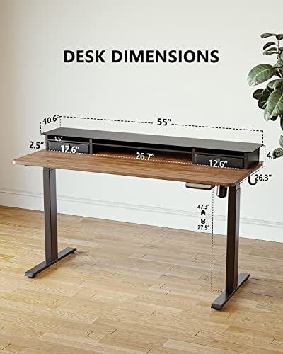 BANTI 55"x 26" Electric Standing Desk with Glass Top Monitor Stand, Adjustable Sit Stand Up Table with Double Drawer, Sit Stand Desk with Storage Shelf, Black Walnut Top