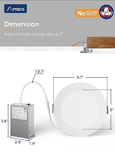 Amico 36 Pack 6 Inch 5CCT Ultra-Thin LED Recessed Ceiling Light with Junction Box, 2700K/3000K/3500K/4000K/5000K Selectable, 12W Eqv 110W, Dimmable Can-Killer Downlight, 1050LM Brightness - ETL&FCC