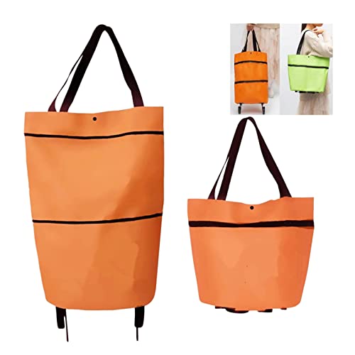 2 in 1 Foldable Shopping Cart, 2023 Capacity Foldable Shopping Bags Cart with Wheels, Portable Tote Shopping Bag with Wheels, Multifunctional Waterproof Tote Bag Grocery Bag (Orange)