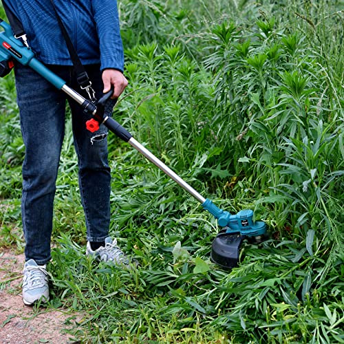 Brushless Weed Wacker 21V Electric Brush Cutter,Battery Powered Weed Eater,Cordless Grass Trimmer Push Edger Lawn Tool with Metal Blades and Shoulder Harness for Home Garden Yard Trimming Edging,Blue