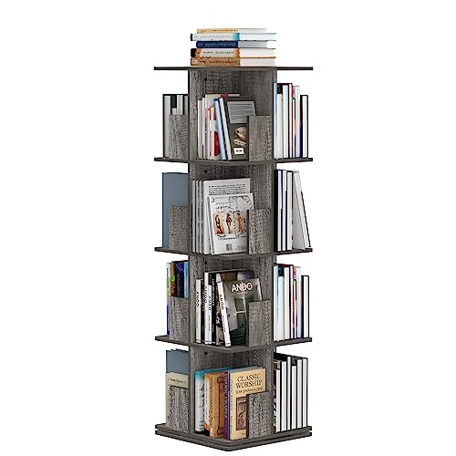 Tohomeor Rotating Bookshelf 4 Tier Bookcase Square Floor Standing 360° View Stackable Storage Display Book Rack Wooden Shelf for Living Room Nursery Bedroom Study Office Corner Space (Greige)