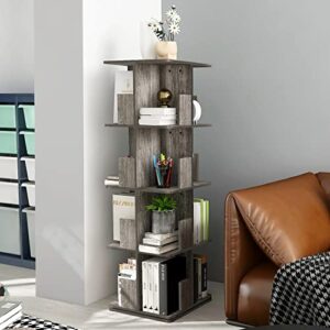 Tohomeor Rotating Bookshelf 4 Tier Bookcase Square Floor Standing 360° View Stackable Storage Display Book Rack Wooden Shelf for Living Room Nursery Bedroom Study Office Corner Space (Greige)