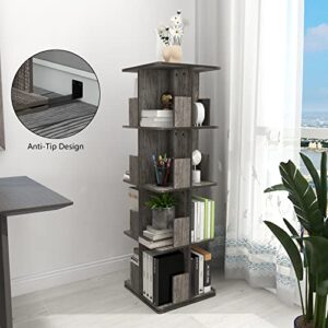 Tohomeor Rotating Bookshelf 4 Tier Bookcase Square Floor Standing 360° View Stackable Storage Display Book Rack Wooden Shelf for Living Room Nursery Bedroom Study Office Corner Space (Greige)