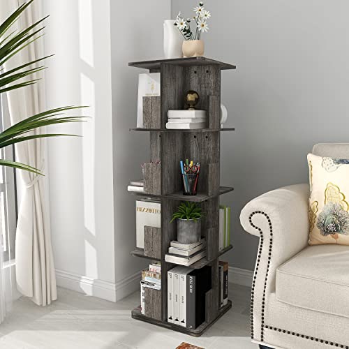 Tohomeor Rotating Bookshelf 4 Tier Bookcase Square Floor Standing 360° View Stackable Storage Display Book Rack Wooden Shelf for Living Room Nursery Bedroom Study Office Corner Space (Greige)