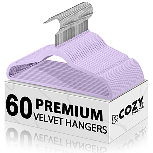 Cozymood Purple Velvet Hangers Felt Hangers 60 Pack, Thin Hangers Non Slip Clothes Hangers Velvet, Premium Flocked Hangers with 360 Degree Rotatable Hook, Durable Velvet Shirt Hangers for Adult