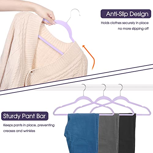 Cozymood Purple Velvet Hangers Felt Hangers 60 Pack, Thin Hangers Non Slip Clothes Hangers Velvet, Premium Flocked Hangers with 360 Degree Rotatable Hook, Durable Velvet Shirt Hangers for Adult