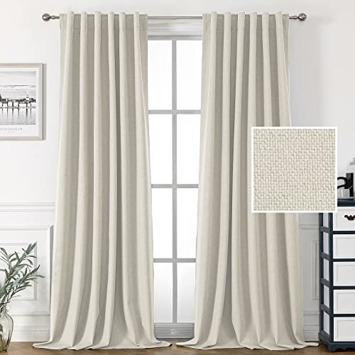 H.VERSAILTEX 100% Blackout Faux Linen Curtains for Bedroom 96 inch Full Light Blocking Drapes with Double Face Linen Back Tab Loop Pocket Textured Burlap Curtains for Living Room 2 Panels, Ivory