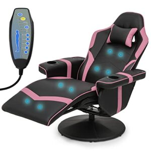 monibloom massage gaming recliner chair with 2 speakers ergonomic game chair neck support and widened armrests with built-in cup holders, tilt & swivel comfortable gaming chair with storage bag, pink