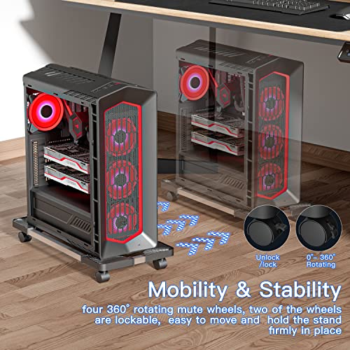 Mobile CPU Stand, CPU Rolling Stand Adjustable Computer Mobile Cart Holder with Locking Caster Wheels PC Stand - Black