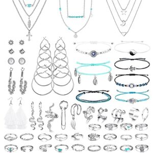 ORAZIO 52 Pcs Jewelry Sets for Women Layered Necklace Adjustable Braided Bracelets Set Dangle Stud Hoop Earrings CZ Stackable Knuckle Ring Set Fashion Ear Cuff Set Silver Gold Women's Jewelry Sets(Silver)