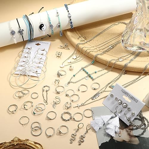 ORAZIO 52 Pcs Jewelry Sets for Women Layered Necklace Adjustable Braided Bracelets Set Dangle Stud Hoop Earrings CZ Stackable Knuckle Ring Set Fashion Ear Cuff Set Silver Gold Women's Jewelry Sets(Silver)