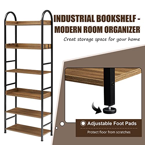 DSHADE Tall Book Shelf 6-Tier Bookshelf Industrial Style Metal Bookcase Open Bookshelf with Round Top Frame Adjustable Foot Pads Shelves for Home Office Living Room Bedroom (Brown)