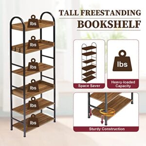 DSHADE Tall Book Shelf 6-Tier Bookshelf Industrial Style Metal Bookcase Open Bookshelf with Round Top Frame Adjustable Foot Pads Shelves for Home Office Living Room Bedroom (Brown)