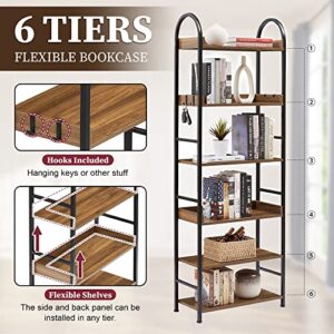 DSHADE Tall Book Shelf 6-Tier Bookshelf Industrial Style Metal Bookcase Open Bookshelf with Round Top Frame Adjustable Foot Pads Shelves for Home Office Living Room Bedroom (Brown)