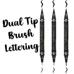 sunshilor dual brush calligraphy pens black hand lettering pens for beginners writing, art drawing, sketching, illustration, scrapbooking, journaling, double brush markers