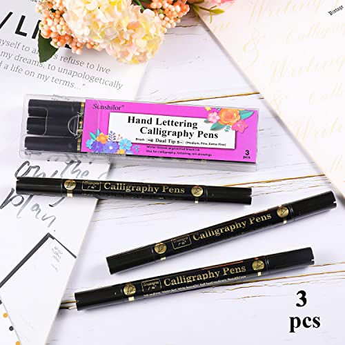 Sunshilor Dual Brush Calligraphy Pens Black Hand Lettering Pens for Beginners Writing, Art Drawing, Sketching, Illustration, Scrapbooking, Journaling, Double Brush Markers