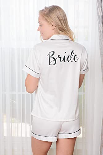 Personalized Bridal Bridesmaid Pajama Set For Women With Eye Mask and Scrunchie Short Sleeve Satin Silk Customize Monogram Wedding Party and Gifts (White, Small)