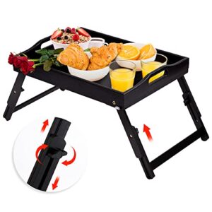 greenual breakfast bed tray for eating with adjustable height serving tray with folding legs food tables with locking legs phone holder portable laptop snack platter for bedroom picnic -black