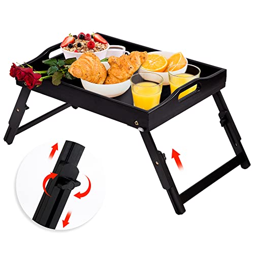 Greenual Breakfast Bed Tray for Eating with Adjustable Height Serving Tray with Folding Legs Food Tables with Locking Legs Phone Holder Portable Laptop Snack Platter for Bedroom Picnic -Black