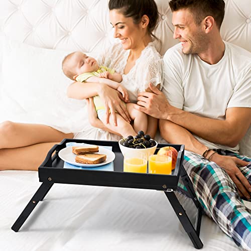 Greenual Breakfast Bed Tray for Eating with Adjustable Height Serving Tray with Folding Legs Food Tables with Locking Legs Phone Holder Portable Laptop Snack Platter for Bedroom Picnic -Black