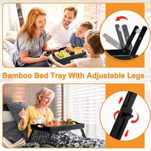 Greenual Breakfast Bed Tray for Eating with Adjustable Height Serving Tray with Folding Legs Food Tables with Locking Legs Phone Holder Portable Laptop Snack Platter for Bedroom Picnic -Black