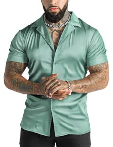 urru men's luxury shiny silk like satin dress shirt cuban collar short sleeve casual slim fit muscle button up shirts light green l