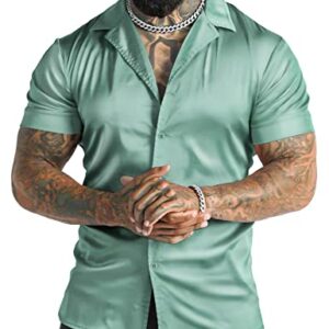 URRU Men's Luxury Shiny Silk Like Satin Dress Shirt Cuban Collar Short Sleeve Casual Slim Fit Muscle Button Up Shirts Light Green L