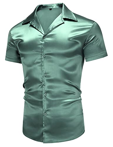 URRU Men's Luxury Shiny Silk Like Satin Dress Shirt Cuban Collar Short Sleeve Casual Slim Fit Muscle Button Up Shirts Light Green L