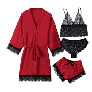 SHBVMPO Women 4pcs Satin Pajama Sexy Lingerie Set Silk Sleepwear with Robe Red