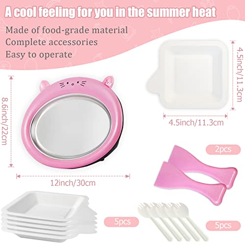 Instant Ice Cream Maker for Rolled Ice Cream Maker Machine with 2 Shovels 5 Plates and 5 Spoons,Frozen Yogurt Ice Cream Machine,Homemade Rolled Ice Cream(Round Pink)