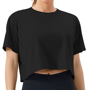 THE GYM PEOPLE Women's Workout Crop Top T-Shirt Short Sleeve Boxy Yoga Running Cropped Basic Tee Black