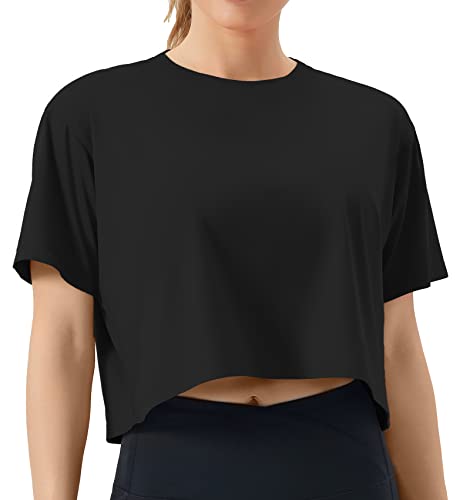 THE GYM PEOPLE Women's Workout Crop Top T-Shirt Short Sleeve Boxy Yoga Running Cropped Basic Tee Black