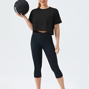 THE GYM PEOPLE Women's Workout Crop Top T-Shirt Short Sleeve Boxy Yoga Running Cropped Basic Tee Black