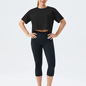 THE GYM PEOPLE Women's Workout Crop Top T-Shirt Short Sleeve Boxy Yoga Running Cropped Basic Tee Black