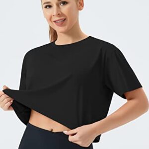 THE GYM PEOPLE Women's Workout Crop Top T-Shirt Short Sleeve Boxy Yoga Running Cropped Basic Tee Black