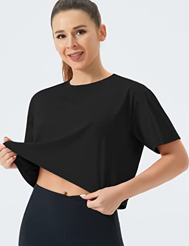 THE GYM PEOPLE Women's Workout Crop Top T-Shirt Short Sleeve Boxy Yoga Running Cropped Basic Tee Black