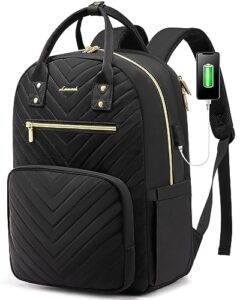 lovevook quilted laptop backpack for women, large capacity travel backpack with luggage strap, stylish women backpack with usb port, waterproof anti-theft work backpack for business casual black