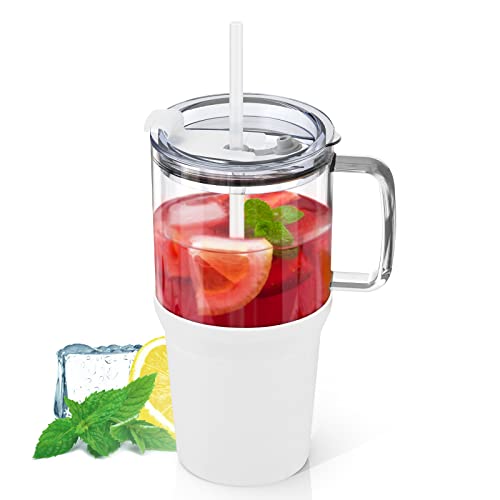 Zenbo 32 oz Drinking Glass Tumbler with Handle, Iced Coffee Cup with Straw and Lid, Reusable Glass Water Cup With Silicone Sleeve Fits In Cup Holder, Dishwasher Safe