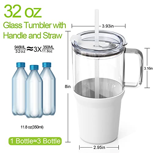 Zenbo 32 oz Drinking Glass Tumbler with Handle, Iced Coffee Cup with Straw and Lid, Reusable Glass Water Cup With Silicone Sleeve Fits In Cup Holder, Dishwasher Safe