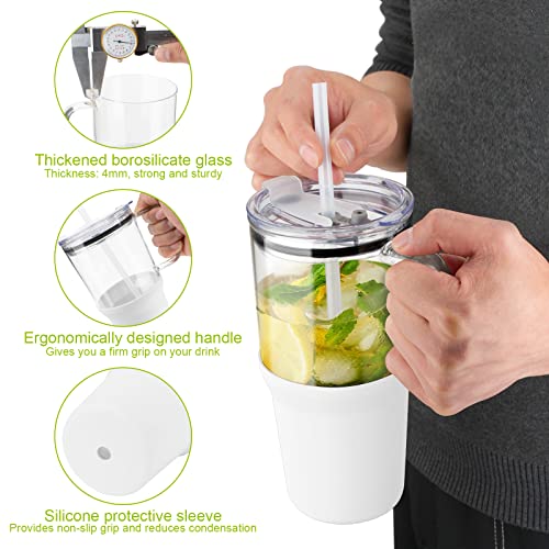 Zenbo 32 oz Drinking Glass Tumbler with Handle, Iced Coffee Cup with Straw and Lid, Reusable Glass Water Cup With Silicone Sleeve Fits In Cup Holder, Dishwasher Safe