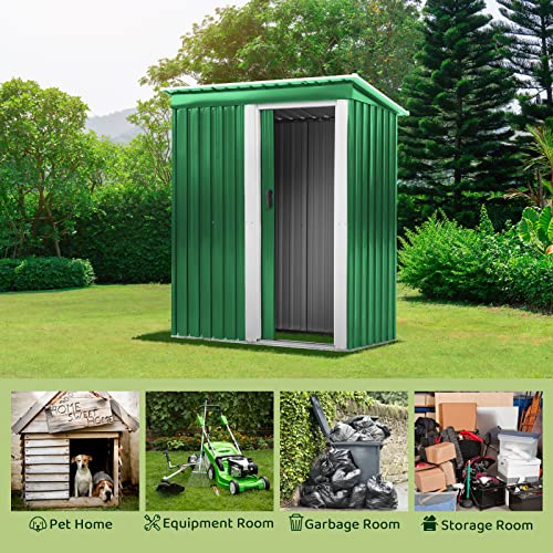 Arlopu 5 x 3 FT Outdoor Storage Shed, Metal Shed with Sliding Door, Waterproof Tool Storage Cabinet, Backyard Patio Lawn, for Bicycle, Garden Tool, Pet House, Utility Room (Dark Green)