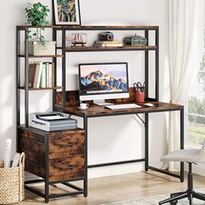 tribesigns 55 inch computer desk with 2 drawers and storage shelves, rustic office desk with hutch, study writing gaming table laptop workstation for home office (brown)
