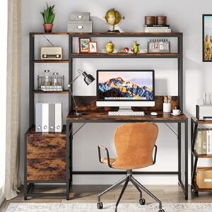 Tribesigns 55 Inch Computer Desk with 2 Drawers and Storage Shelves, Rustic Office Desk with Hutch, Study Writing Gaming Table Laptop Workstation for Home Office (Brown)