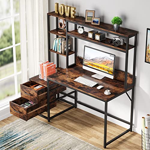 Tribesigns 55 Inch Computer Desk with 2 Drawers and Storage Shelves, Rustic Office Desk with Hutch, Study Writing Gaming Table Laptop Workstation for Home Office (Brown)