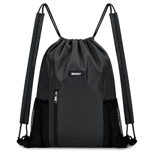 WANDF Drawstring Backpack with Shoulder Pad Sports Gym Backpack with Mesh Pocket String Bag for Women Men(Black)