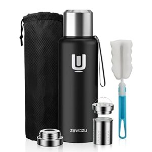 zuwozu coffee thermos water bottle, 32oz insulated water bottle with handle, double walled vaccum, 18/10 stainless steel water bottles for school (black, 32oz)