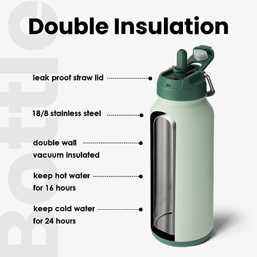 BOTTLE BOTTLE 32oz Insulated Water Bottle Stainless Steel Sport Water Bottle with Straw Dual-use Lid Design for Gym with Pill Box (green)